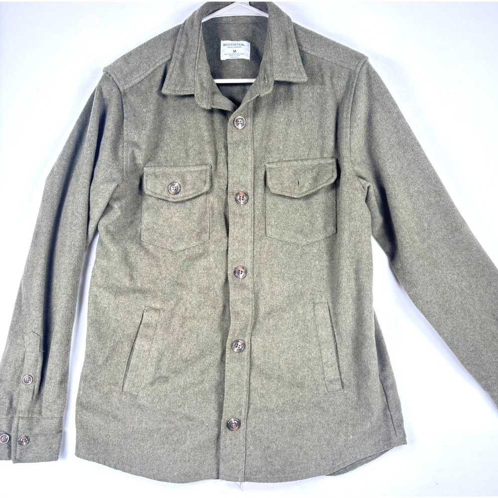 Distortion Mens Shirt Wool Green Button Up Country Workwear Sz M Heavyweight